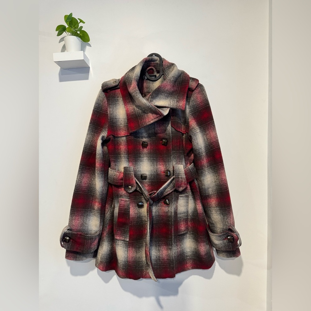 Plaid Double-Breasted Women's Wool Blend Pea Coat